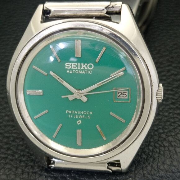 Vintage 1982 Seiko Automatic Mens Silver Watch W/daydate & Green accents - Picture 3 of 10
